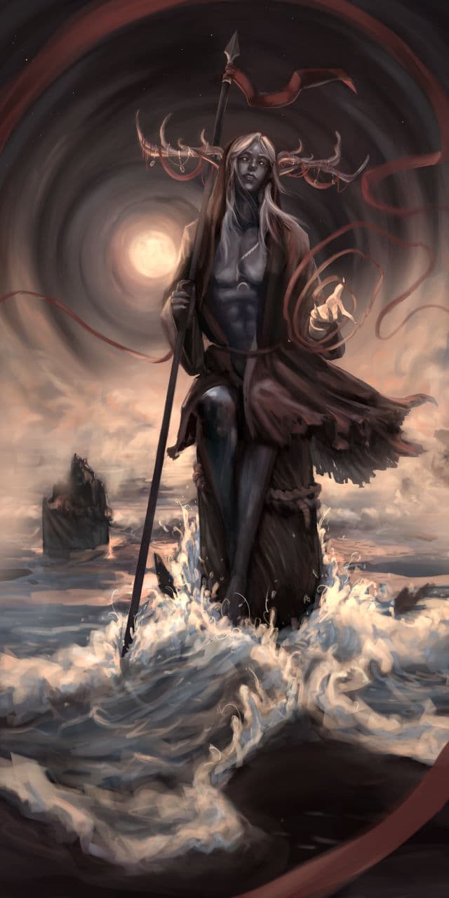 Kael, a long haired drow, sits atop of a wooden pill in the middle of the ocean. waves crashing as they roll up onto the shore. He has his hand outstretched to you, calling you towards the sea.  Red ribbon swirls around that arm and spirals to frame the image.