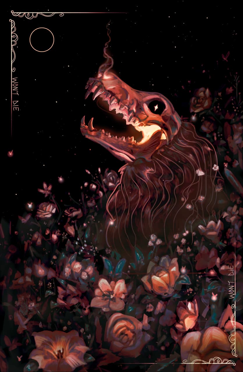 A hellhound rises up from a field of flowers