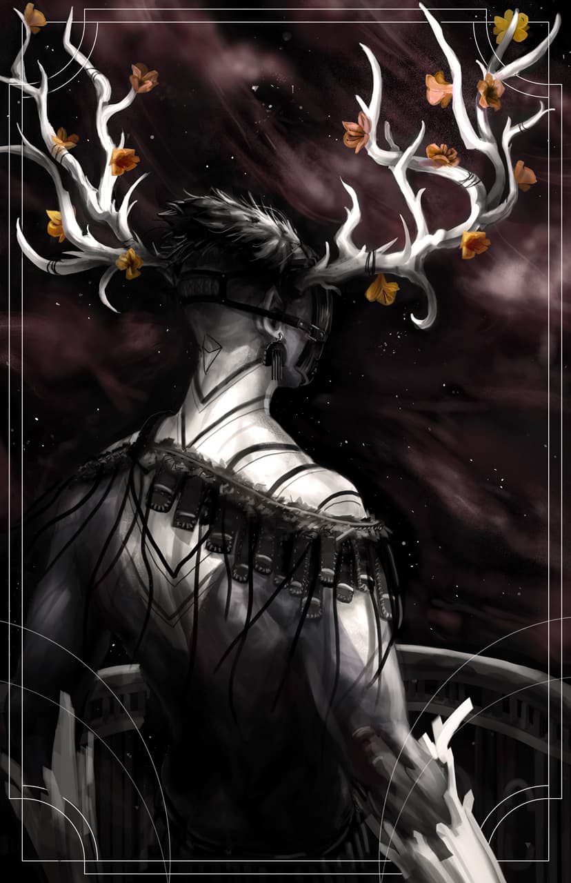 A horned figure has their back turned to you.  You can tell they are wearing a mask yet their gaze doesn't grace you.  The celestials are out in the distances